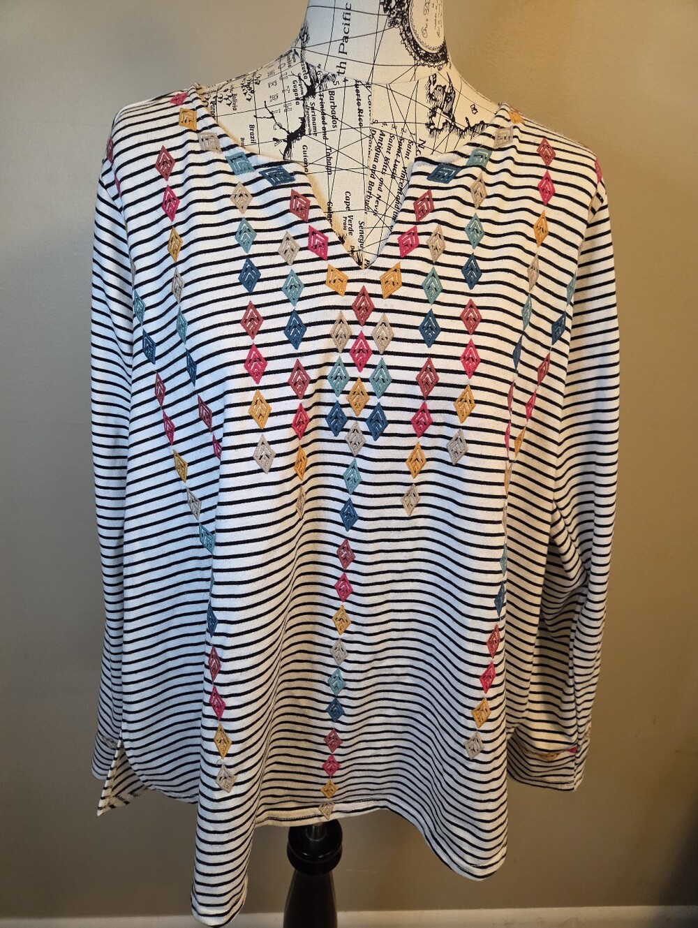 Savanna Jane 2X Plus Size Embroidered Striped Blouse Boho V Neck Long Sleeve